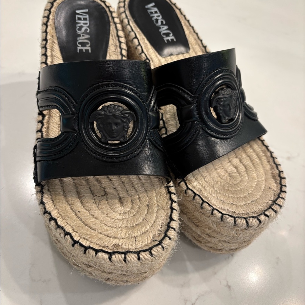 Versace Black and Tan Espadrille Slides